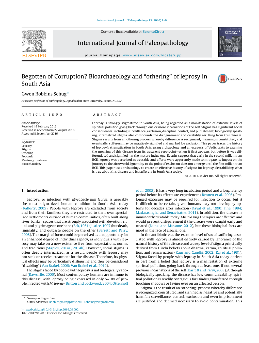 Begotten of Corruption? Bioarchaeology and “othering” of leprosy in South Asia