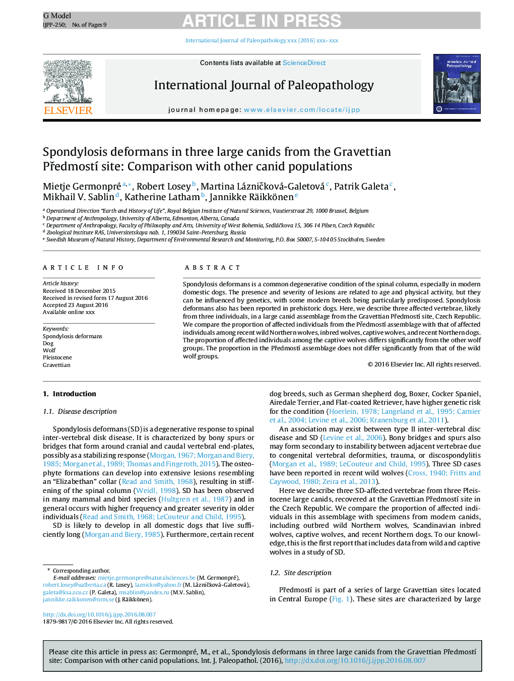 Spondylosis deformans in three large canids from the Gravettian PÅedmostÃ­ site: Comparison with other canid populations