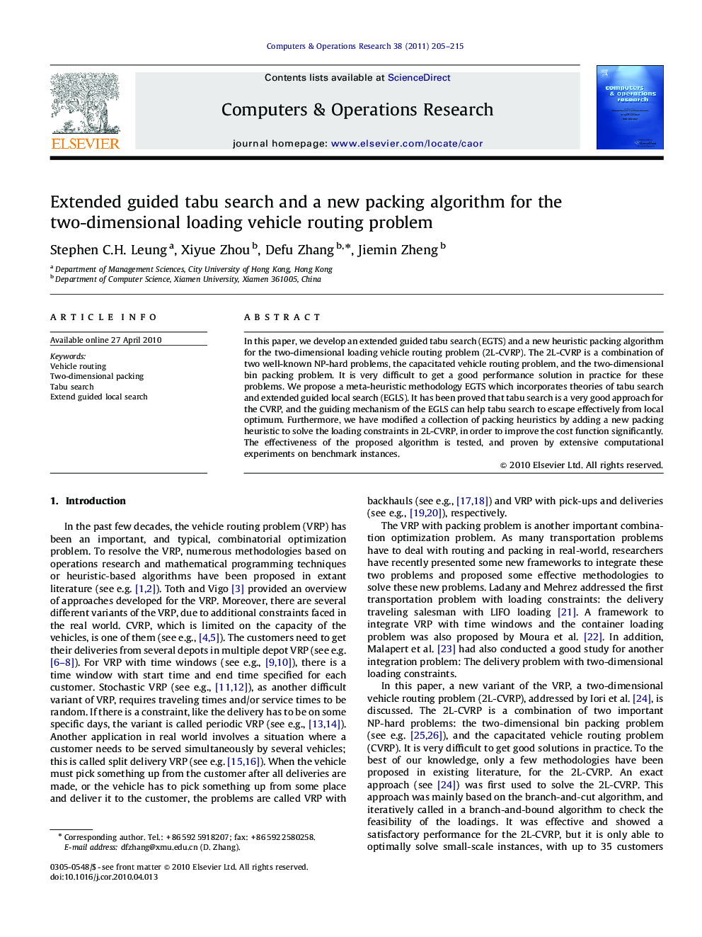 Extended guided tabu search and a new packing algorithm for the two-dimensional loading vehicle routing problem