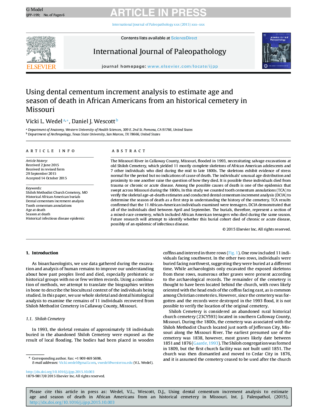 Using dental cementum increment analysis to estimate age and season of death in African Americans from an historical cemetery in Missouri