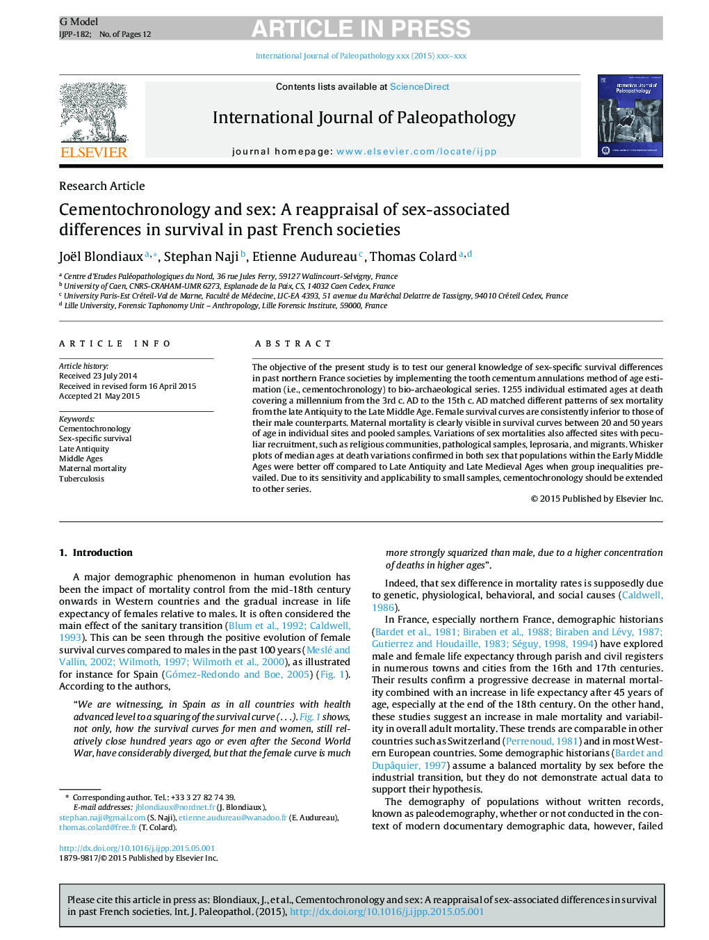 Cementochronology and sex: A reappraisal of sex-associated differences in survival in past French societies