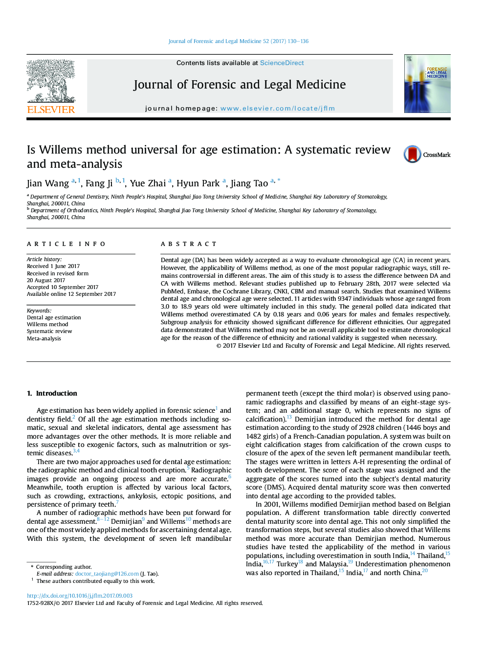 Is Willems method universal for age estimation: A systematic review and meta-analysis