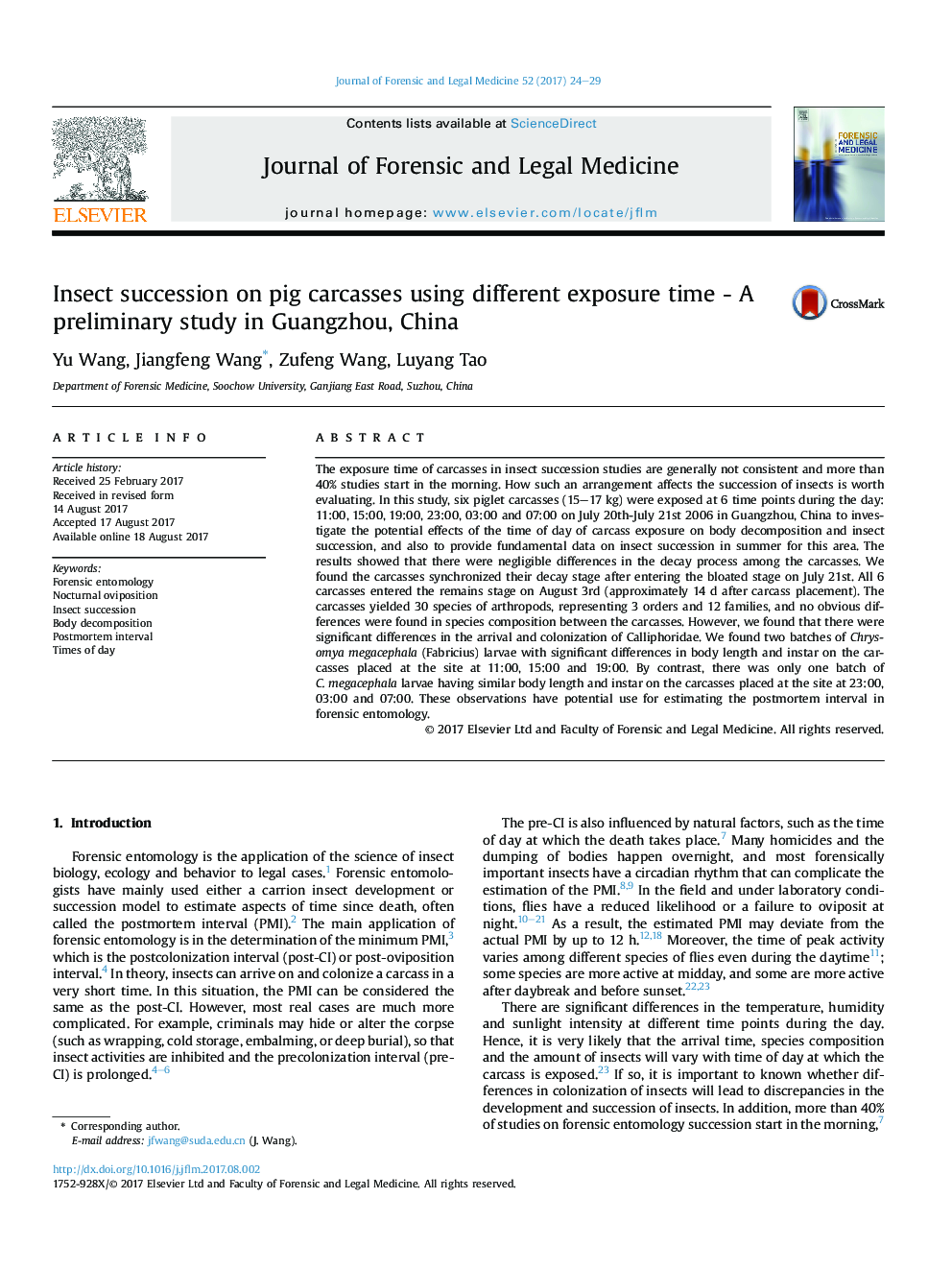 Insect succession on pig carcasses using different exposure time - A preliminary study in Guangzhou, China