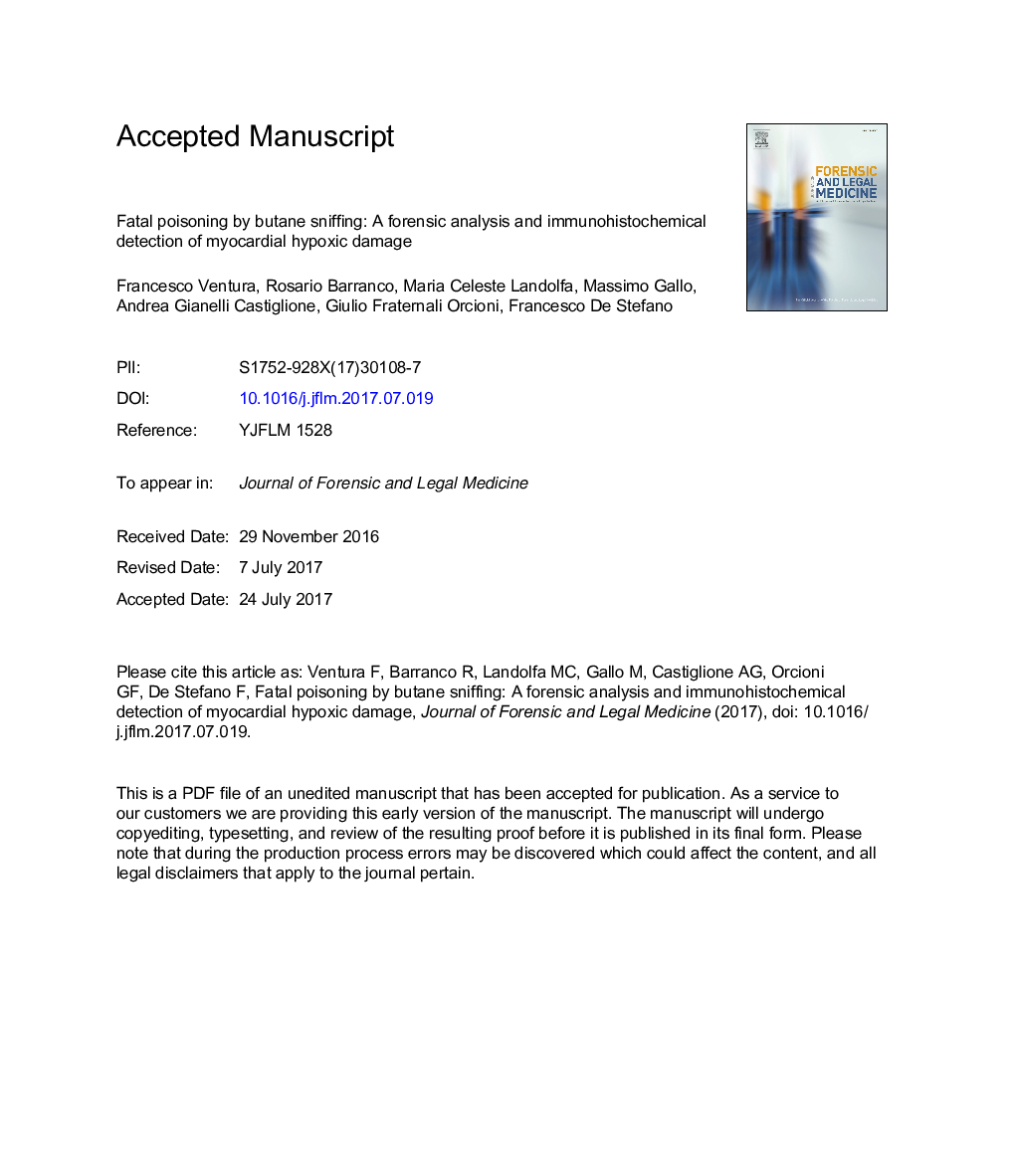 Fatal poisoning by butane sniffing: A forensic analysis and immunohistochemical detection of myocardial hypoxic damage