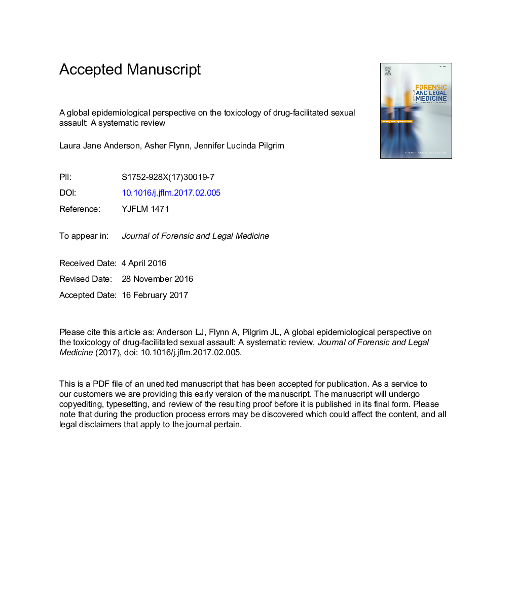 A global epidemiological perspective on the toxicology of drug-facilitated sexual assault: A systematic review