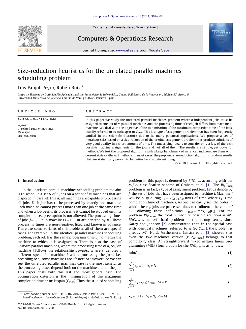 Size-reduction heuristics for the unrelated parallel machines scheduling problem