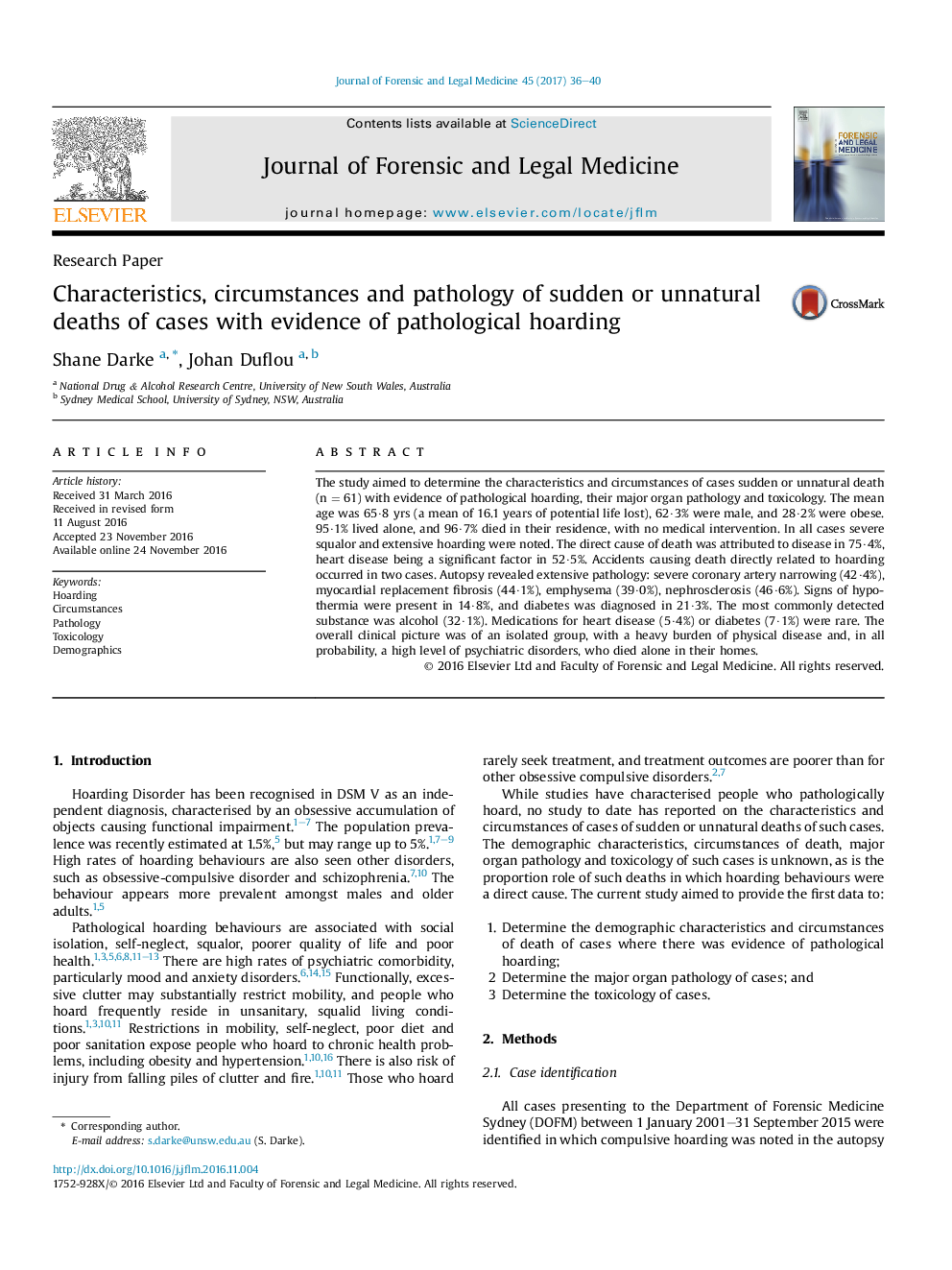 Characteristics, circumstances and pathology of sudden or unnatural deaths of cases with evidence of pathological hoarding