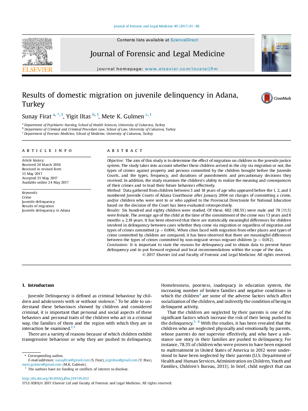 Results of domestic migration on juvenile delinquency in Adana, Turkey