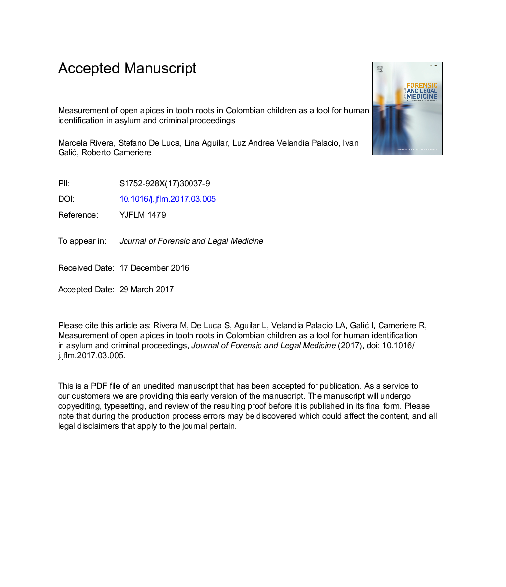 Measurement of open apices in tooth roots in Colombian children as a tool for human identification in asylum and criminal proceedings