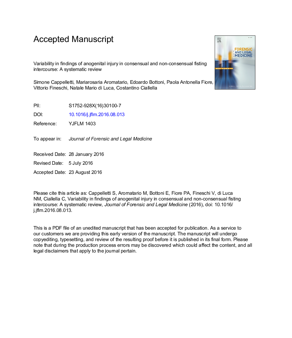 Variability in findings of anogenital injury in consensual and non-consensual fisting intercourse: A systematic review