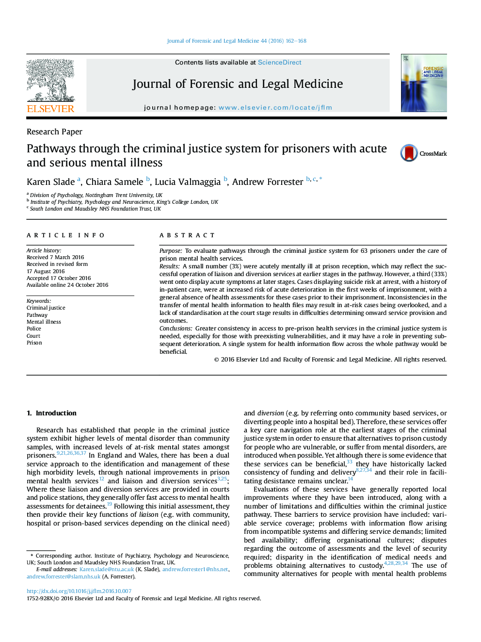 Pathways through the criminal justice system for prisoners with acute and serious mental illness