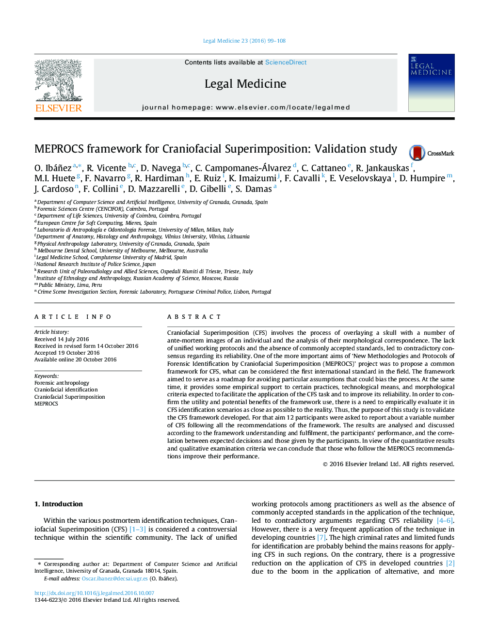 MEPROCS framework for Craniofacial Superimposition: Validation study