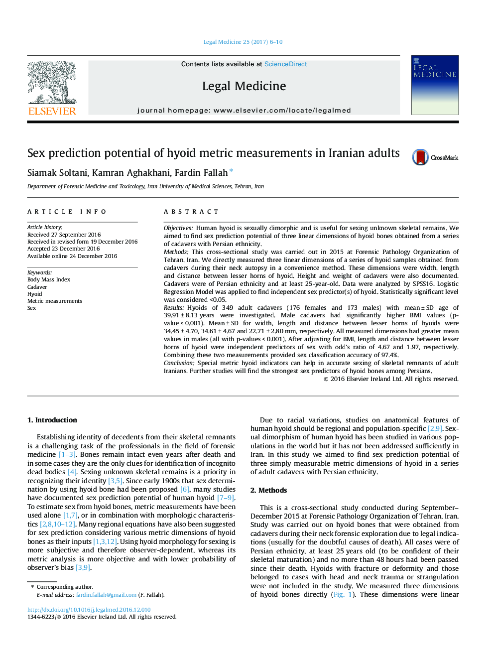 Sex prediction potential of hyoid metric measurements in Iranian adults