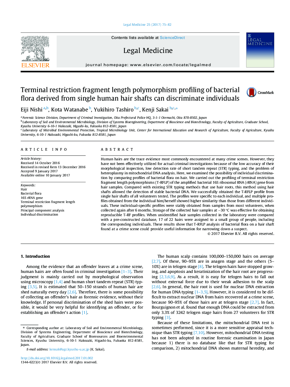 Terminal restriction fragment length polymorphism profiling of bacterial flora derived from single human hair shafts can discriminate individuals