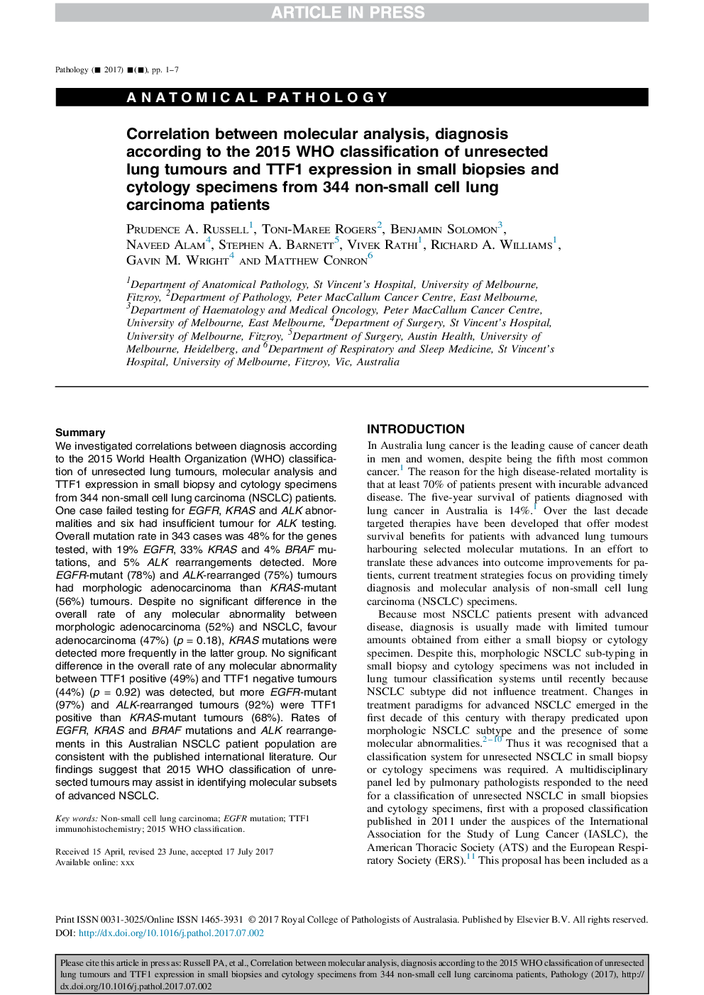 Correlation between molecular analysis, diagnosis according to the 2015 WHO classification of unresected lung tumours and TTF1 expression in small biopsies and cytology specimens from 344 non-small cell lung carcinoma patients