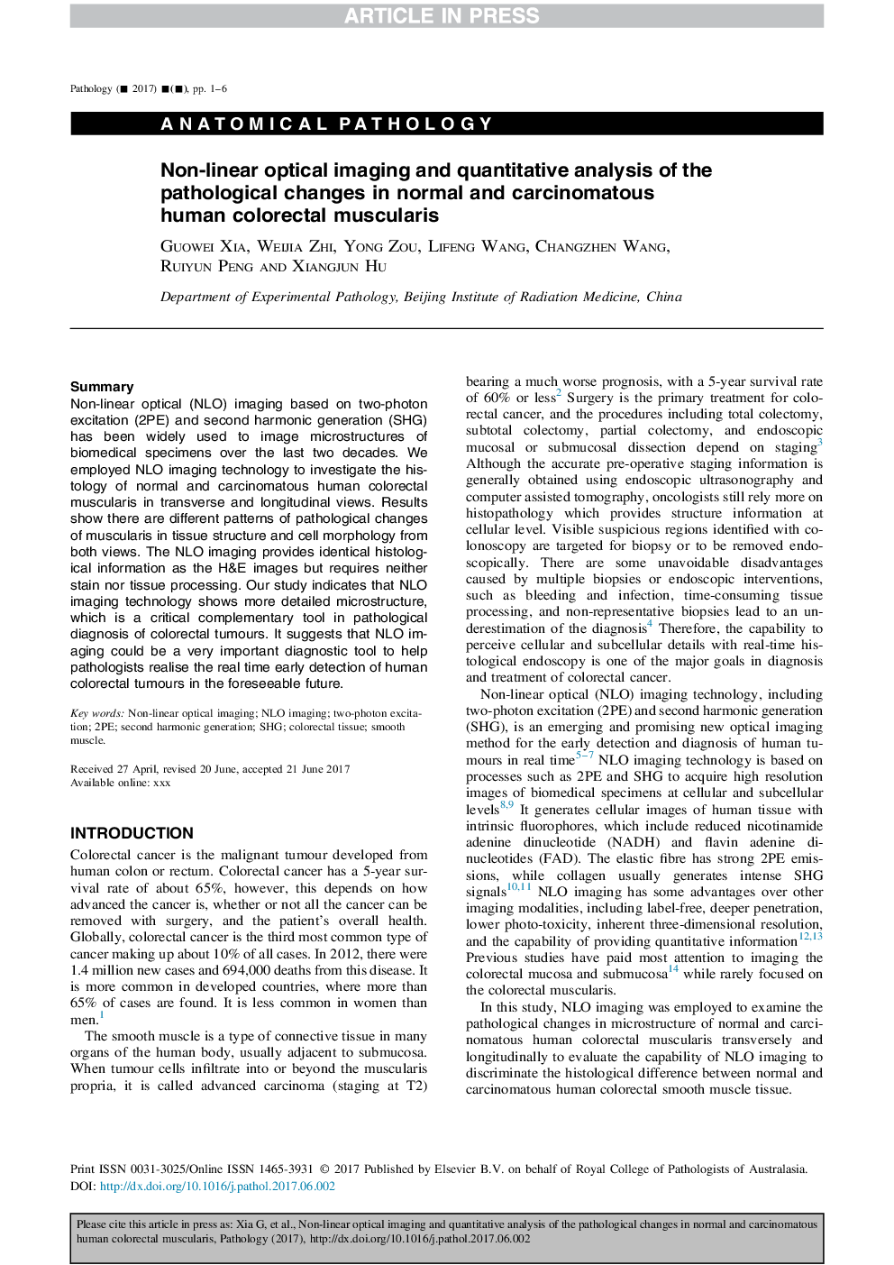 تصویربرداری نوری غیرخطی و تحلیل کمی از تغییرات پاتولوژیک در عضلات کولورکتال طبیعی و کارسینوماتیک 