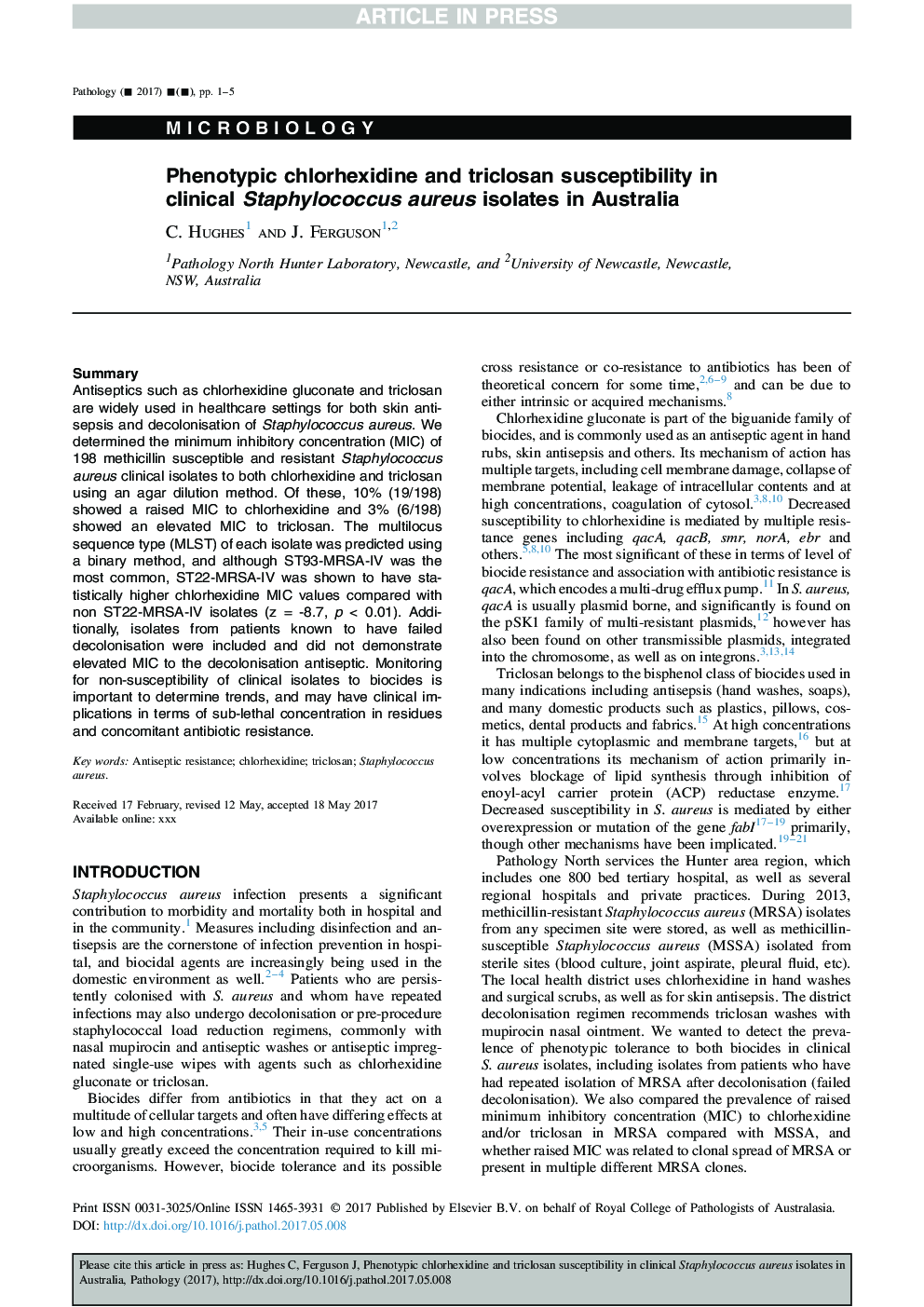 Phenotypic chlorhexidine and triclosan susceptibility in clinical Staphylococcus aureus isolates in Australia