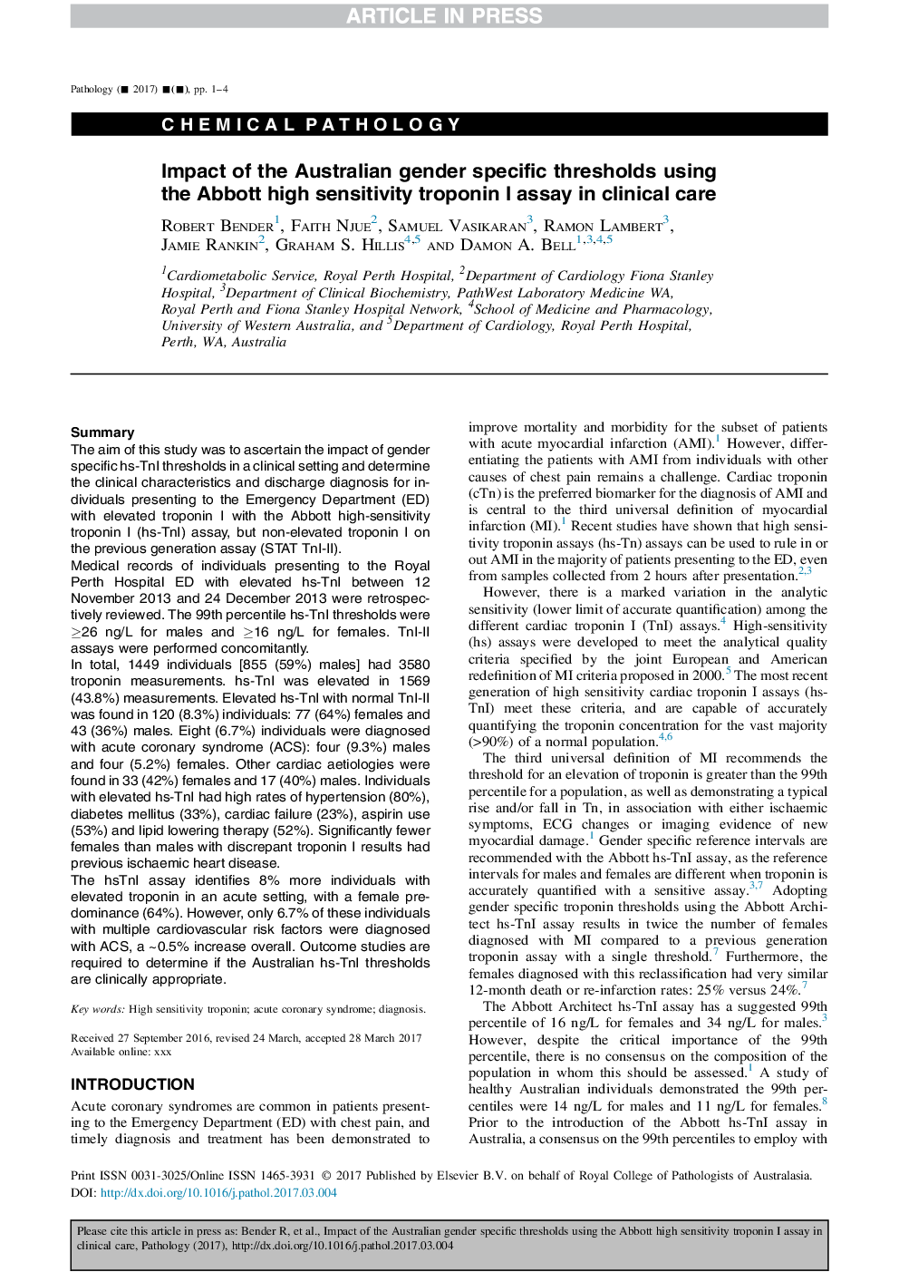 Impact of the Australian gender specific thresholds using the Abbott high sensitivity troponin I assay in clinical care