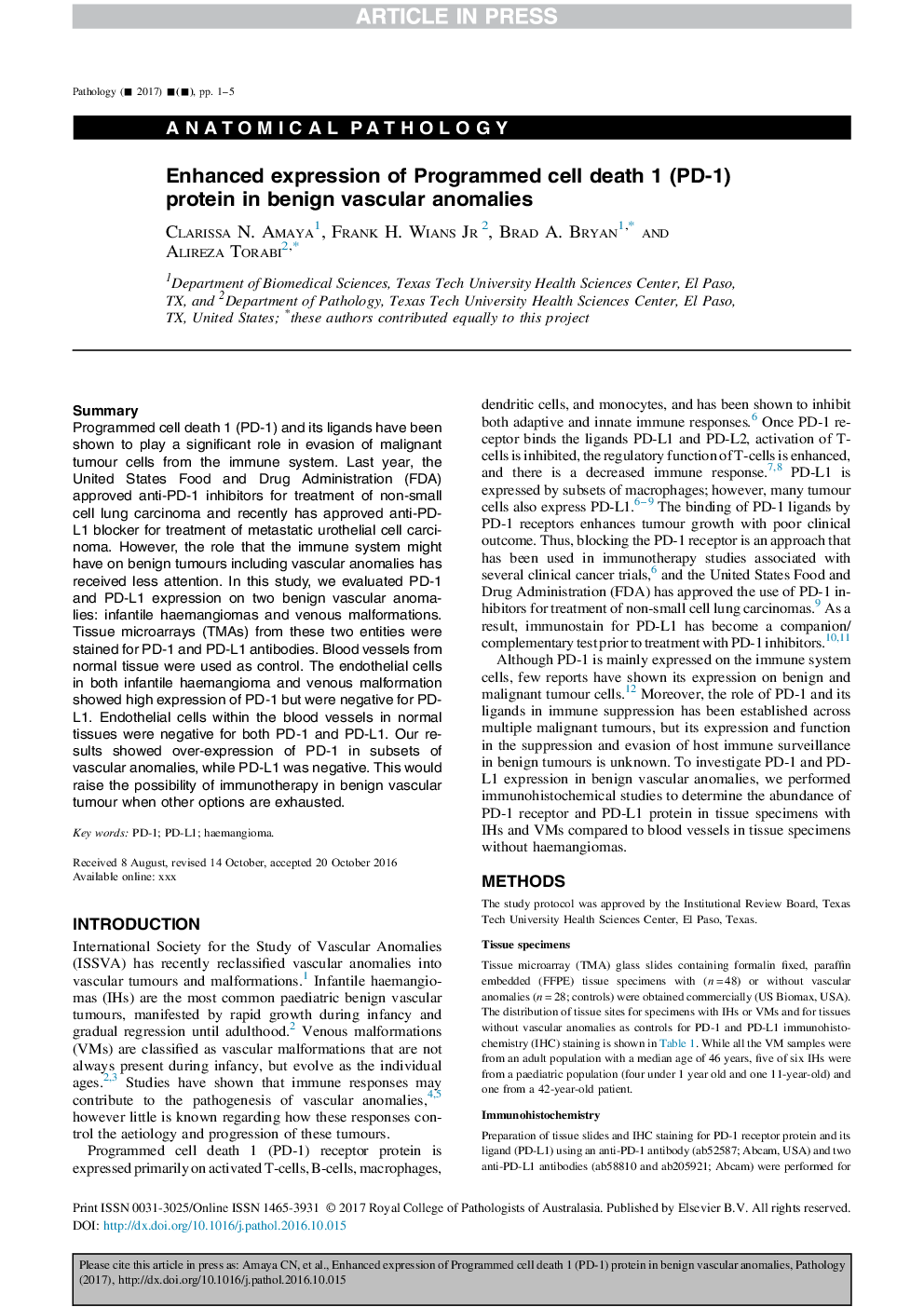 Enhanced expression of Programmed cell death 1 (PD-1) protein in benign vascular anomalies