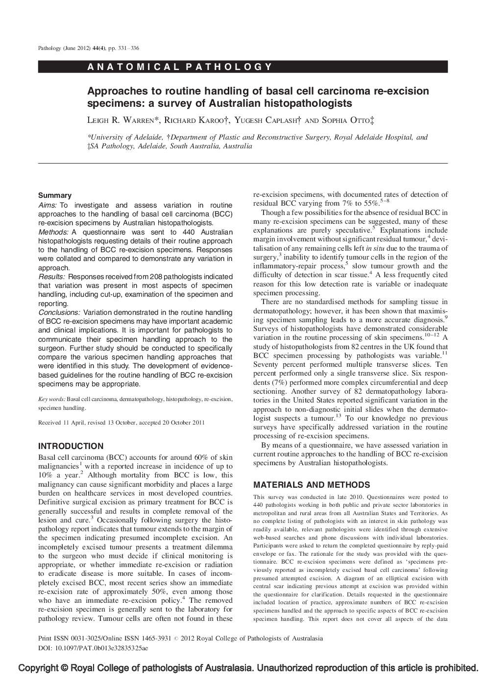 Approaches to routine handling of basal cell carcinoma re-excision specimens: a survey of Australian histopathologists