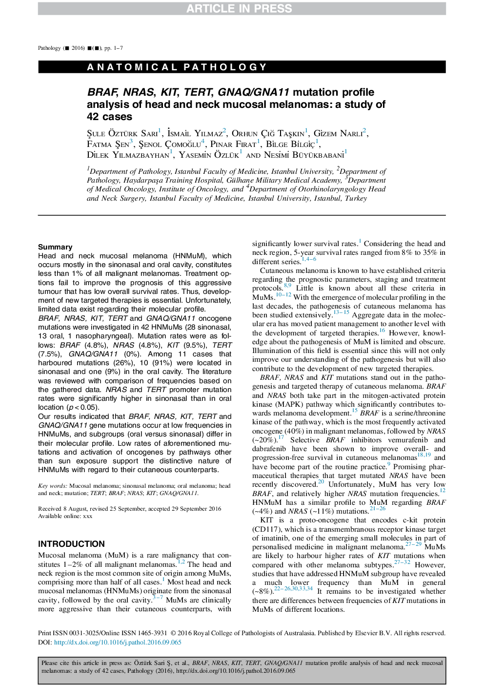 BRAF, NRAS, KIT, TERT, GNAQ/GNA11 mutation profile analysis of head and neck mucosal melanomas: a study of 42 cases