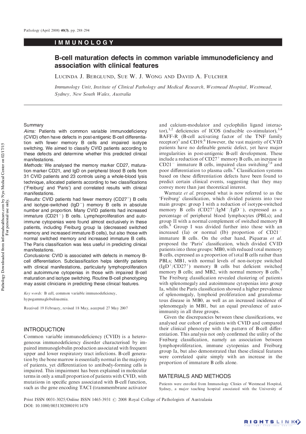 B-cell maturation defects in common variable immunodeficiency and association with clinical features