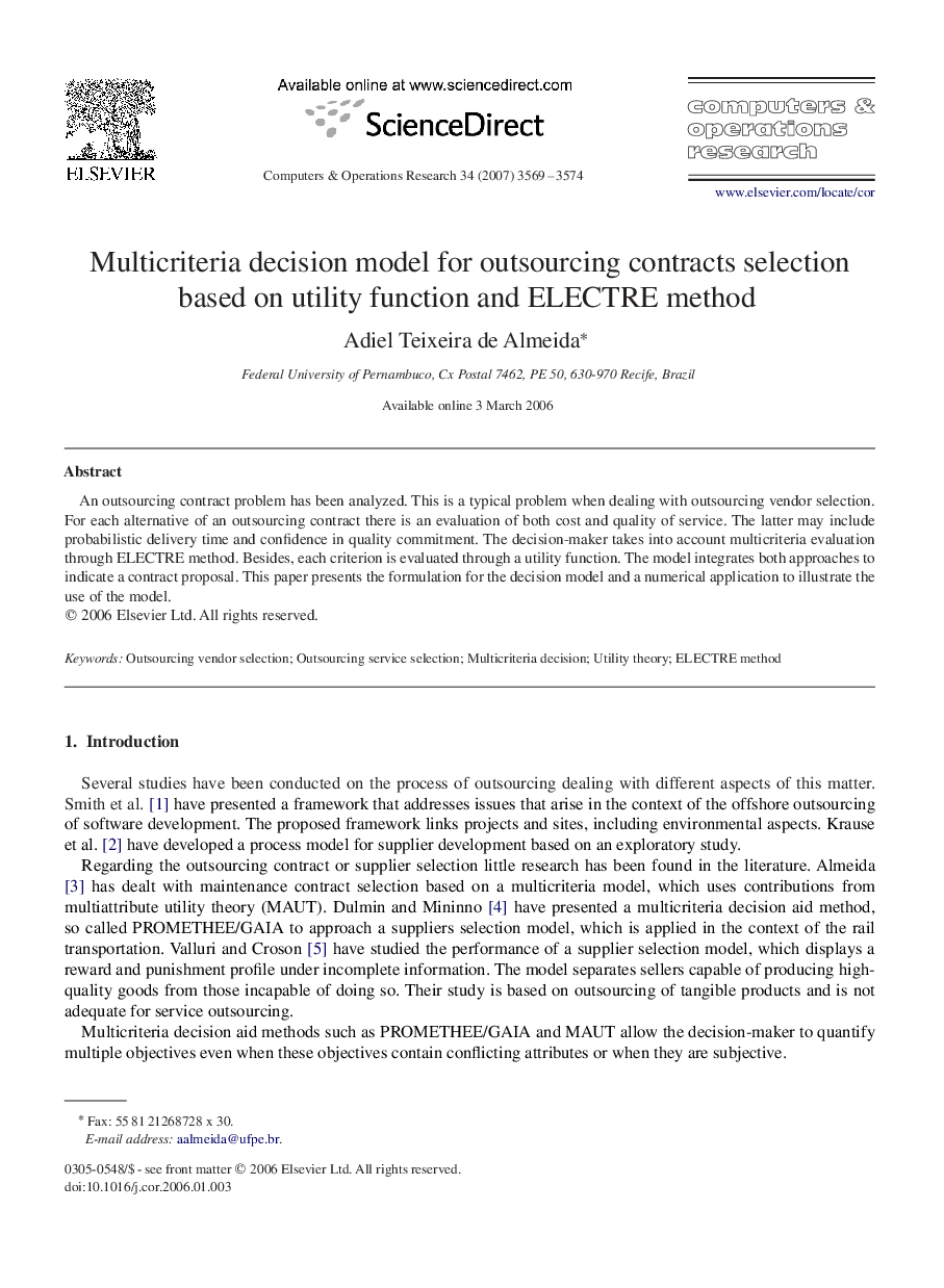 Multicriteria decision model for outsourcing contracts selection based on utility function and ELECTRE method