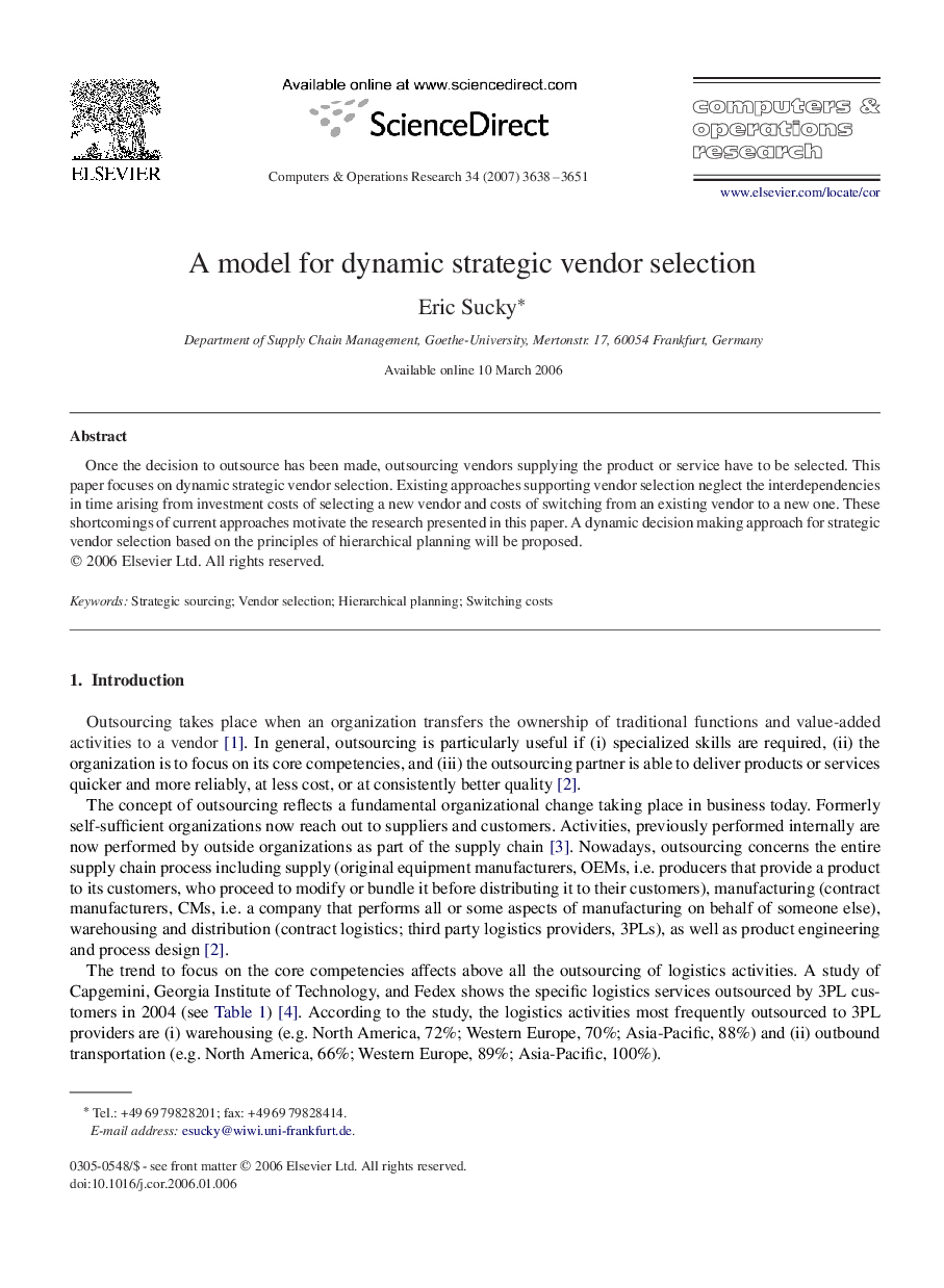 A model for dynamic strategic vendor selection