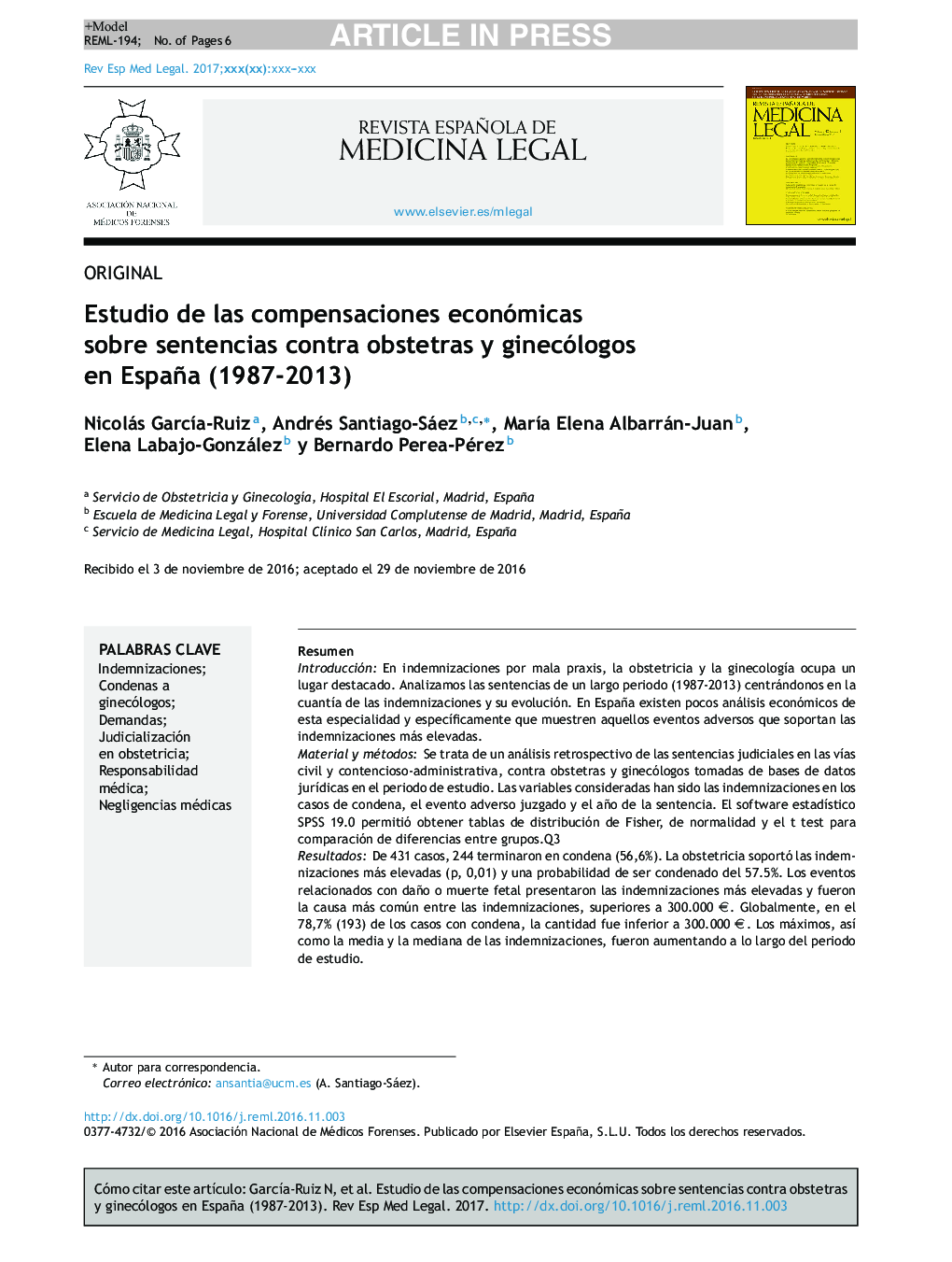 Estudio de las compensaciones económicas sobre sentencias contra obstetras y ginecólogos en España (1987-2013)