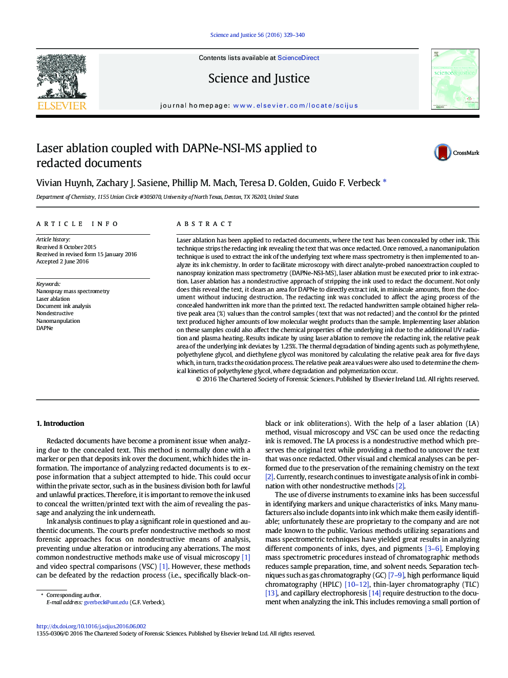 Laser ablation coupled with DAPNe-NSI-MS applied to redacted documents