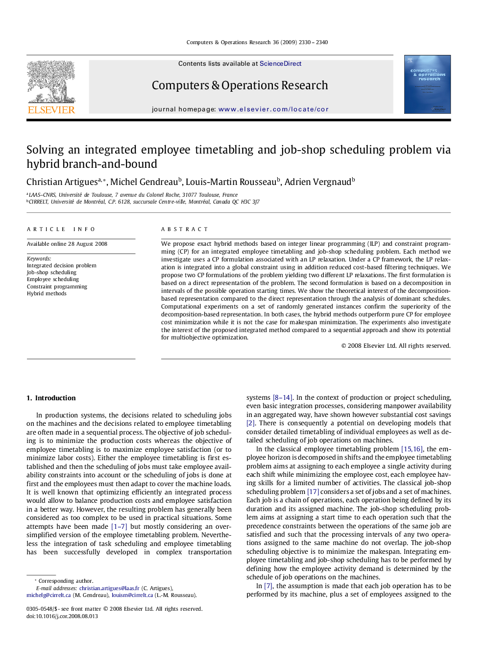 Solving an integrated employee timetabling and job-shop scheduling problem via hybrid branch-and-bound