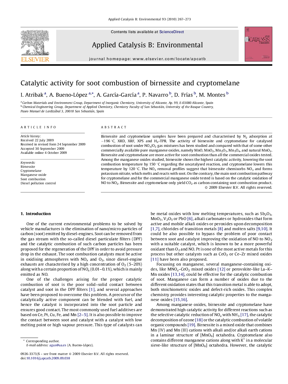 Catalytic activity for soot combustion of birnessite and cryptomelane