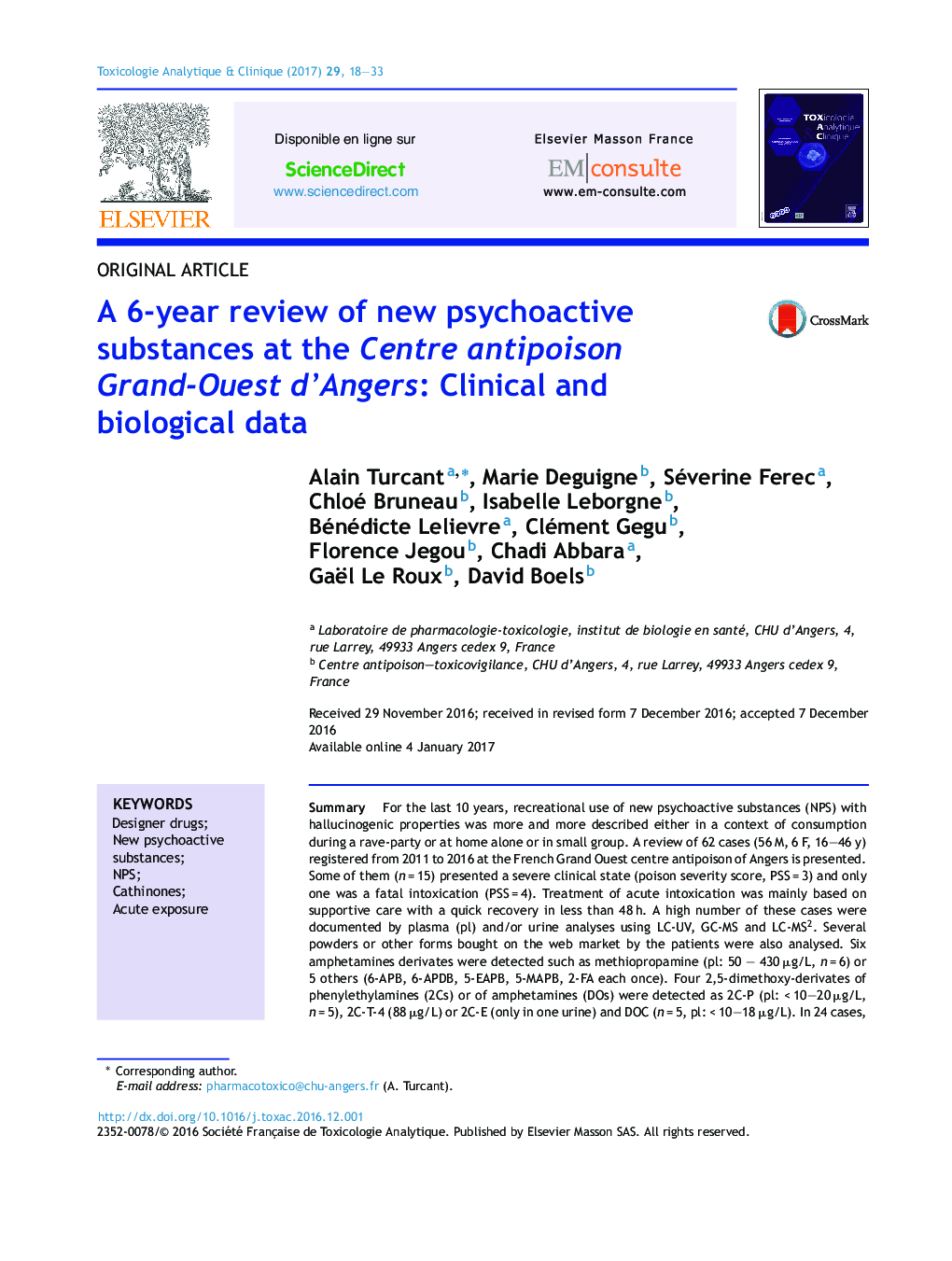 A 6-year review of new psychoactive substances at the Centre antipoison Grand-Ouest d'Angers: Clinical and biological data