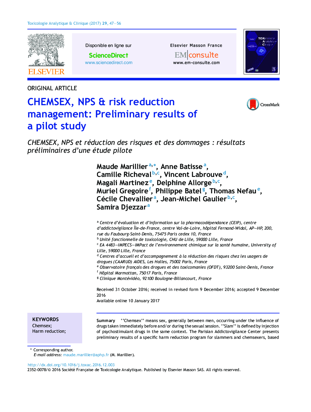 CHEMSEX, NPS & risk reduction management: Preliminary results of a pilot study