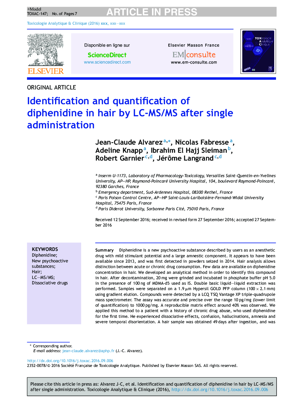 Identification and quantification of diphenidine in hair by LC-MS/MS after single administration