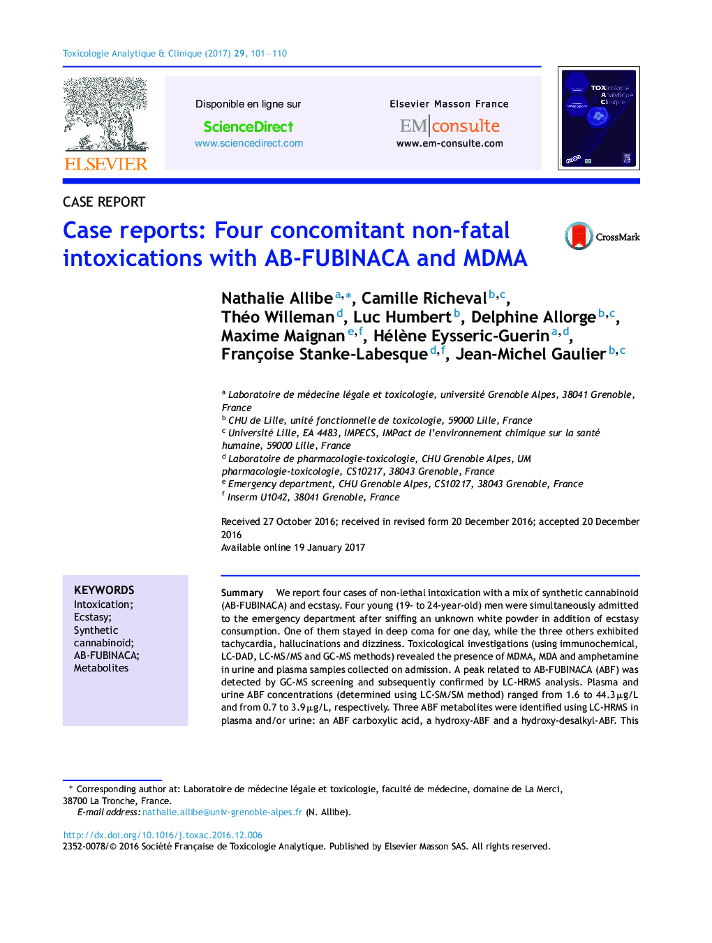 Case reports: Four concomitant non-fatal intoxications with AB-FUBINACA and MDMA