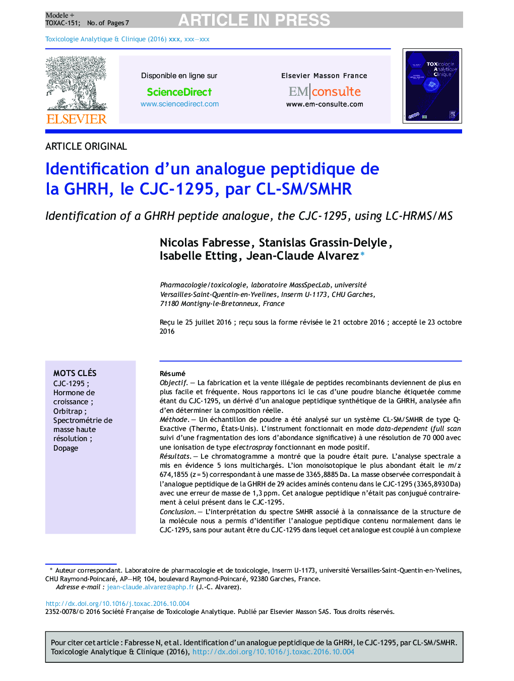 Identification d'un analogue peptidique de la GHRH, le CJC-1295, par CL-SM/SMHR