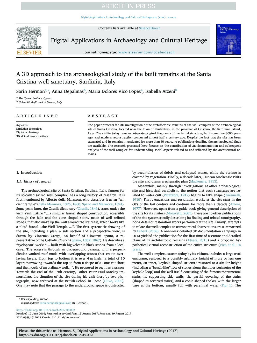 A 3D approach to the archaeological study of the built remains at the Santa Cristina well sanctuary, Sardinia, Italy