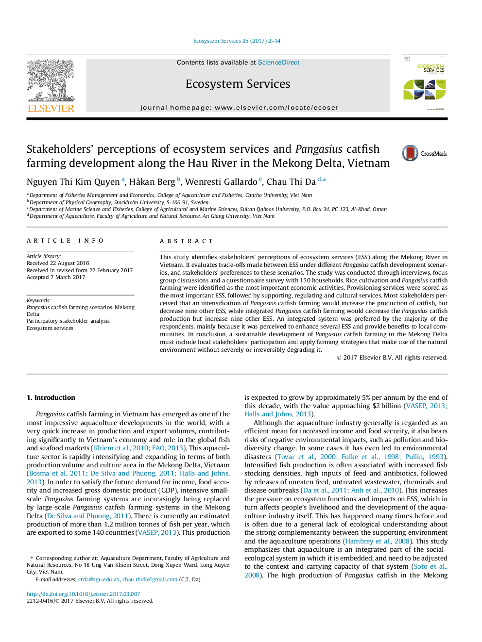 Stakeholders' perceptions of ecosystem services and Pangasius catfish farming development along the Hau River in the Mekong Delta, Vietnam