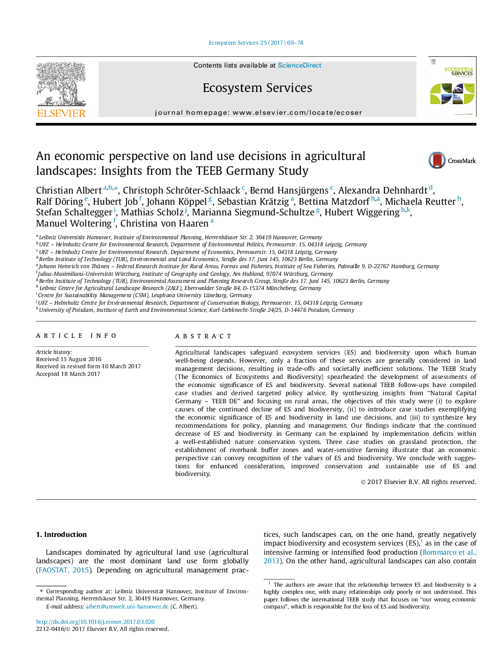 عکس صفحه اول مقاله: An economic perspective on land use decisions in agricultural landscapes: Insights from the TEEB Germany Study An economic perspective on land use decisions in agricultural landscapes: Insights from the TEEB Germany Study