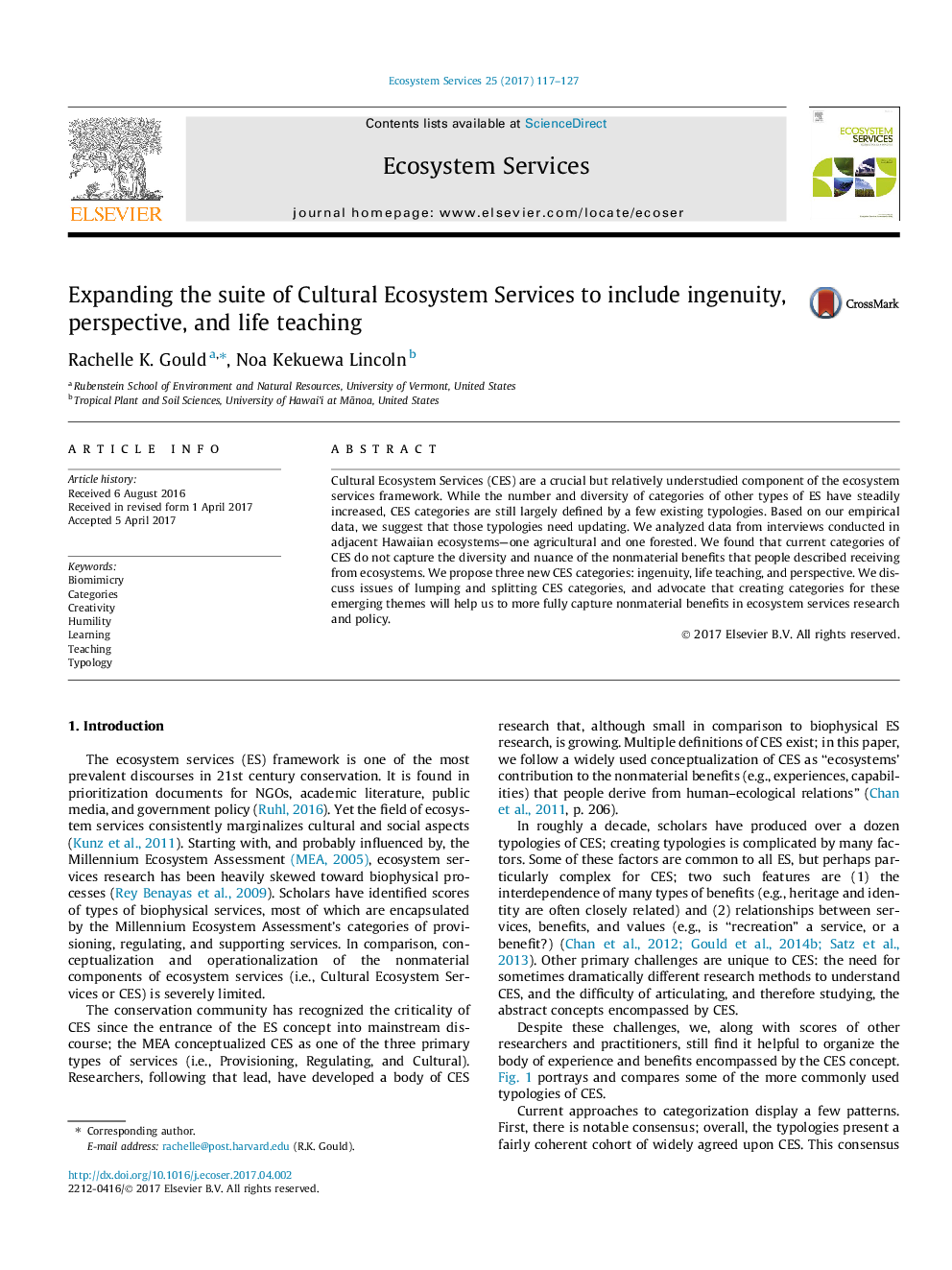 Expanding the suite of Cultural Ecosystem Services to include ingenuity, perspective, and life teaching