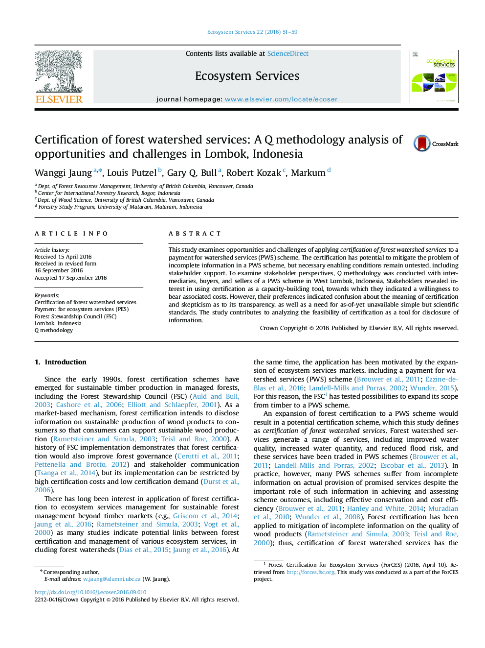 Certification of forest watershed services: A Q methodology analysis of opportunities and challenges in Lombok, Indonesia