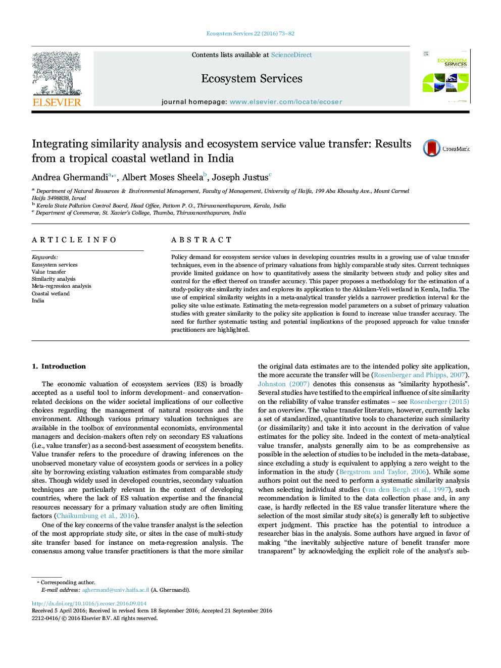 Integrating similarity analysis and ecosystem service value transfer: Results from a tropical coastal wetland in India