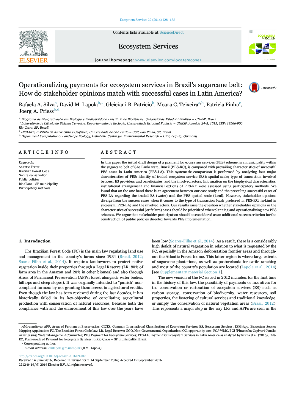 Operationalizing payments for ecosystem services in Brazil's sugarcane belt: How do stakeholder opinions match with successful cases in Latin America?