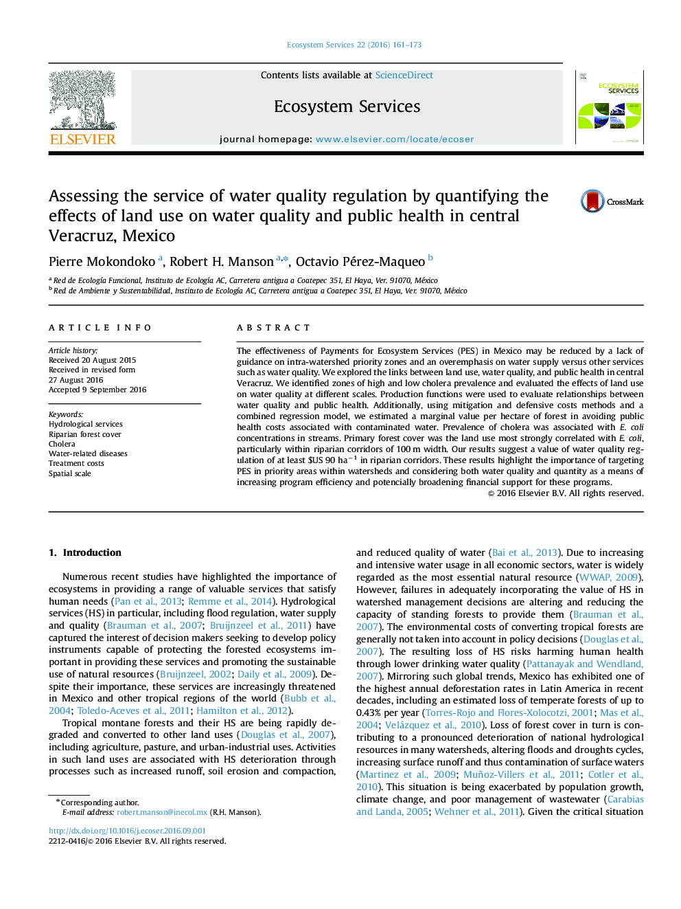 ارزیابی خدمات تنظیم کیفیت آب با کم کردن اثرات استفاده از زمین بر کیفیت آب و بهداشت عمومی در وراکروس مرکزی، مکزیک 