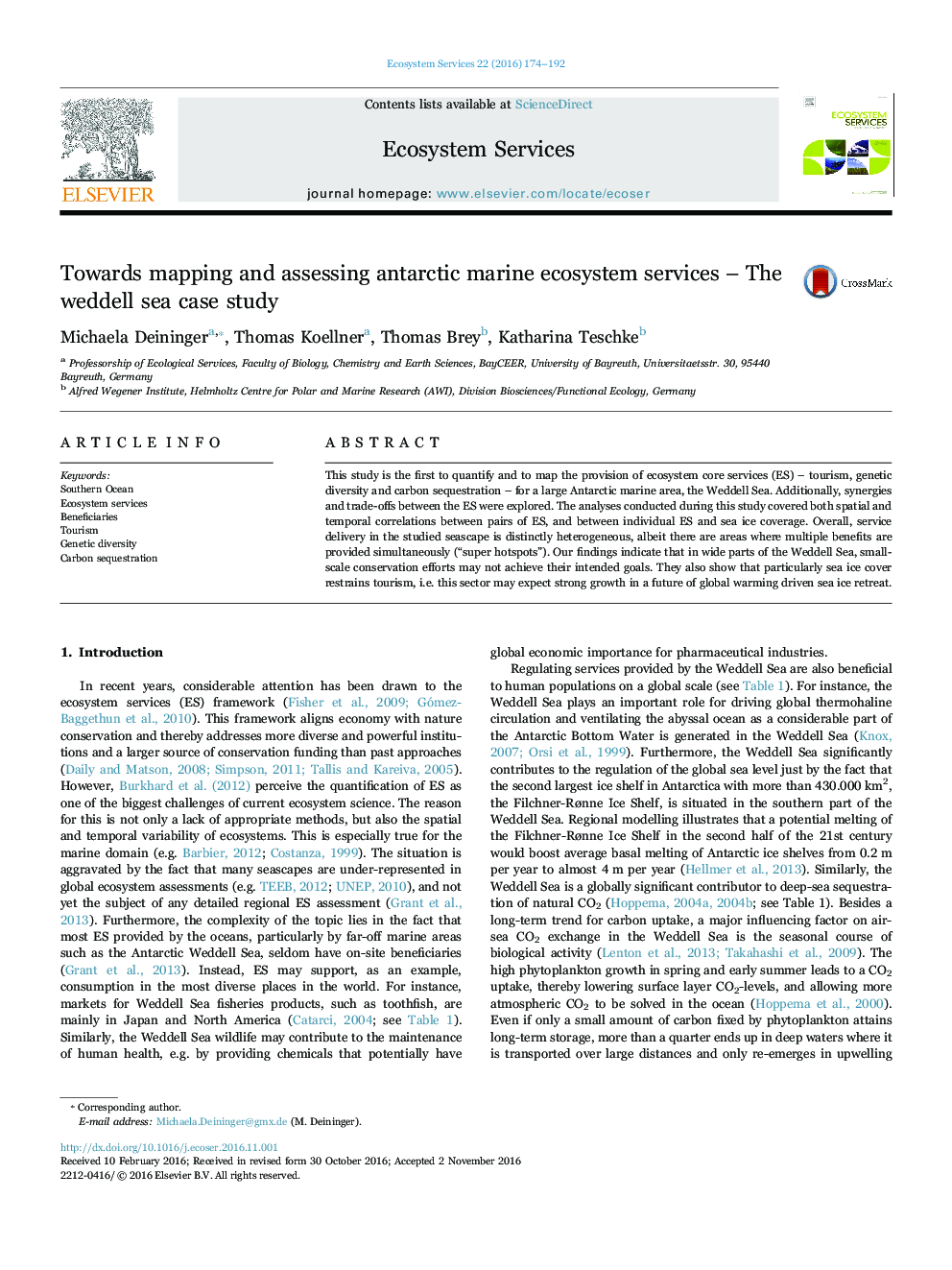 Towards mapping and assessing antarctic marine ecosystem services - The weddell sea case study