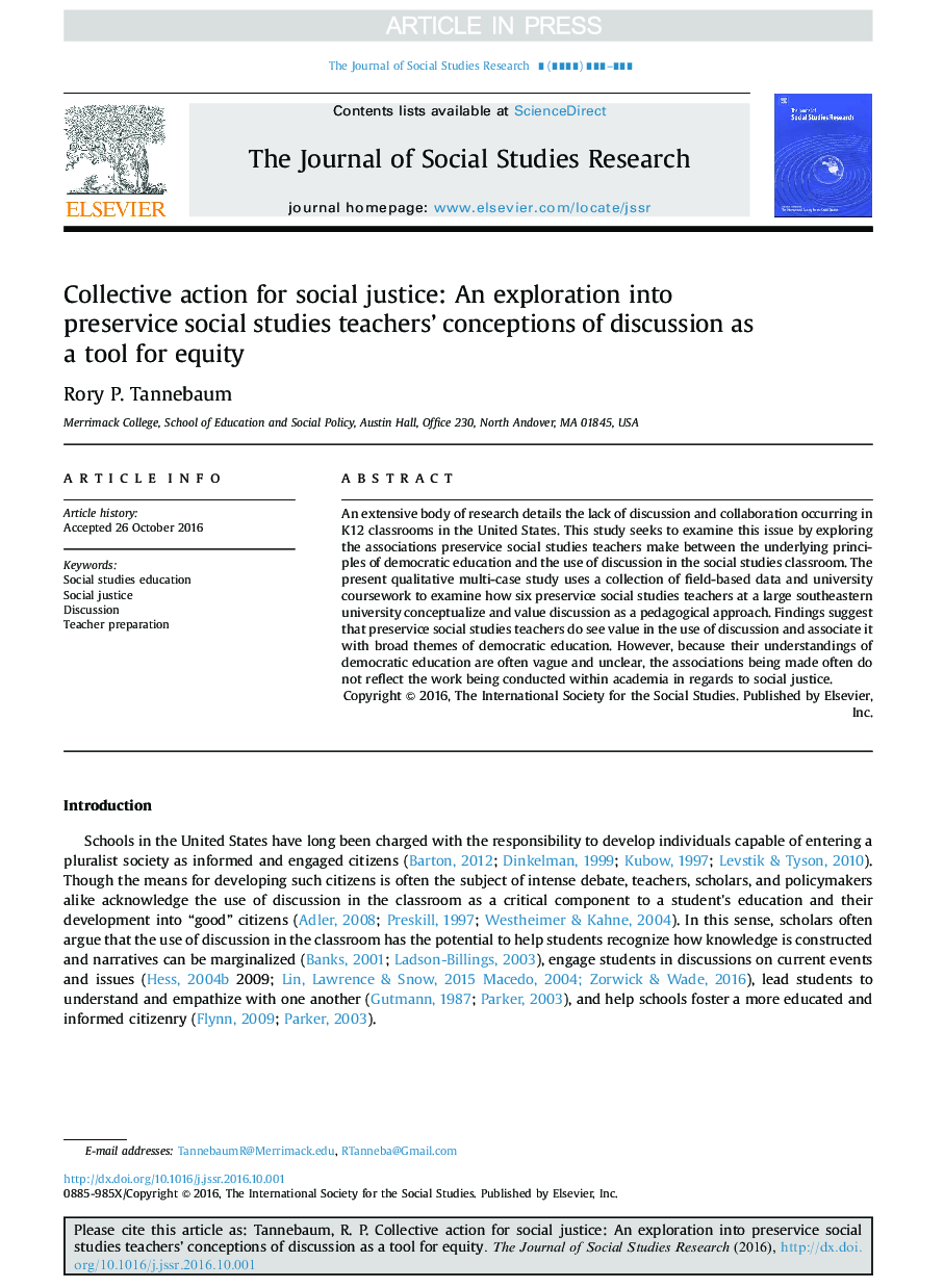 Collective action for social justice: An exploration into preservice social studies teachers' conceptions of discussion as a tool for equity