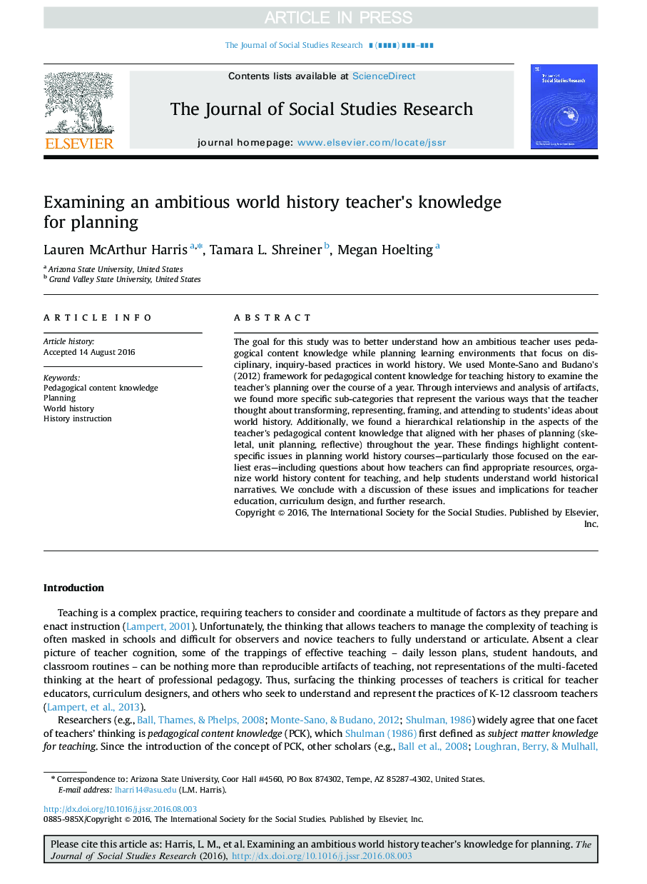 Examining an ambitious world history teacher×³s knowledge for planning