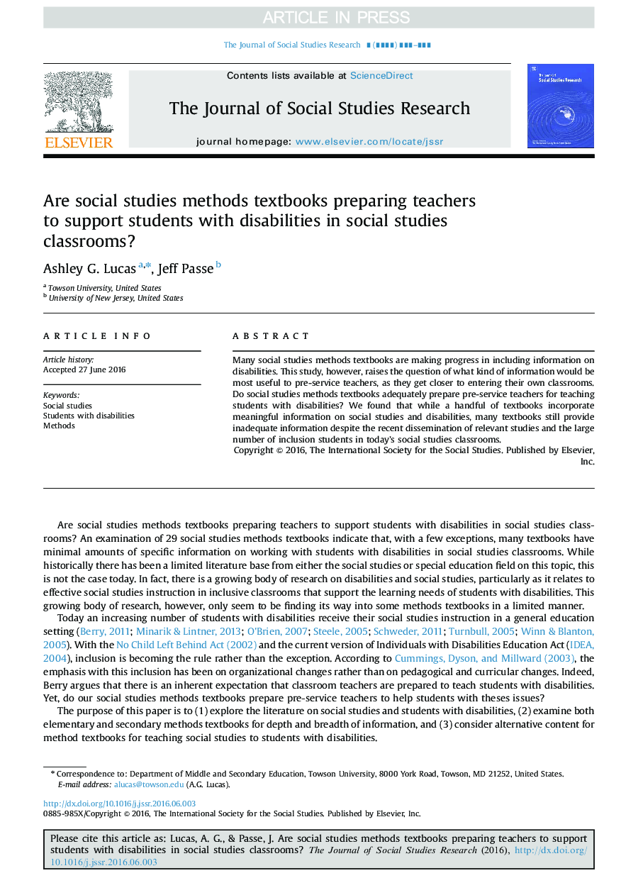 Are social studies methods textbooks preparing teachers to support students with disabilities in social studies classrooms?