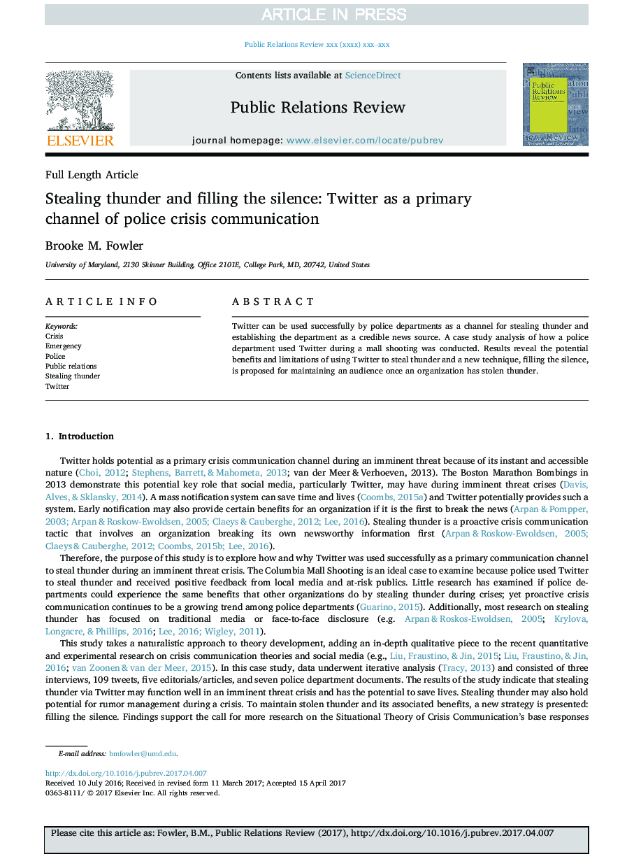 سرقت از رعد و برق و پر کردن سکوت: توییتر به عنوان یک کانال اصلی ارتباطات پلیس بحران 